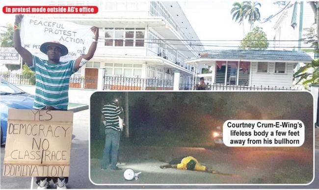 Courtney Crum-Ewing in a peaceful protest outside the AG's office and his body lying in the street after execution Courtney Crum-Ewing in a peaceful protest outside the AG's office and his body lying in the street after execution