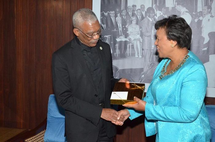 President David Granger presents a token gift to Secretary-General of the Commonwealth of Nations, Baroness Patricia Scotland