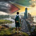 Guyanese schoolchild wearing a school uniform stands looking toward Georgetown